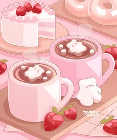 two mugs of hot chocolate with strawberries on the side and one has a piece of cake