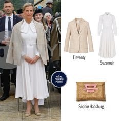 the royal family's outfits and accessories are shown in this image, including a white dress