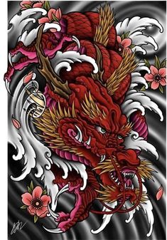 a red dragon with white and pink flowers on it