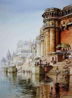 an oil painting of people walking on the steps to a castle like building by the water