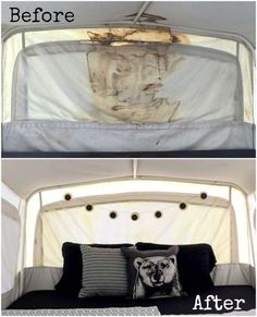 before and after photos of a camper with the bed pulled up to it's side