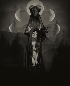 a black and white photo of a woman standing in front of the moon with her hands up