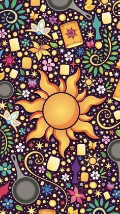 the sun is surrounded by many different objects and flowers on a black background with stars