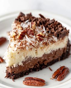 a piece of pie on a plate with pecans