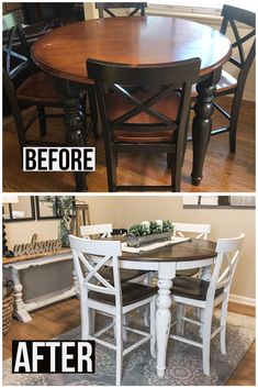 before and after photos of a dining room table painted white with chalk paint on it