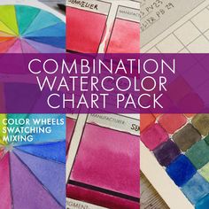 combination watercolor chart pack with swatches and mixing guide for the color wheel in each section