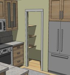 a drawing of a kitchen with an oven and refrigerator