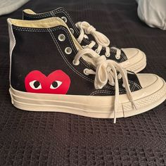 New Never Worn- Coverse Comme De Garons. No Box, But I Took A Picture Of The Bottom You Can Clearly See They Have Never Been Worn. I Am A Size 7 So They Are Too Big My Boyfriend At The Time Who Is Now My Husband Bought Them And Didn't Listen Very Well Lol Men's 5.5 Women's 7.5 Cdg Converse Black, Heart Converse, Converse X Comme Des Garcons, Cdg Converse, Converse Play, Converse Comme Des Garcons, Garcons Converse, Comme Des Garcons Converse, High Tops Women