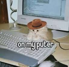 a cat wearing a cowboy hat while sitting in front of a computer keyboard and monitor