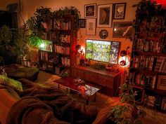 a living room filled with furniture and lots of books on the shelves next to a tv