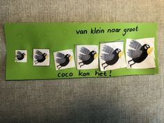 a piece of paper with pictures of birds on it and the words van kien naar groot