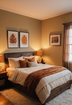 a bedroom with a large bed and two framed pictures on the wall above it's headboard