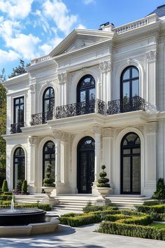 a large white house with many windows and balconies on the front, surrounded by greenery