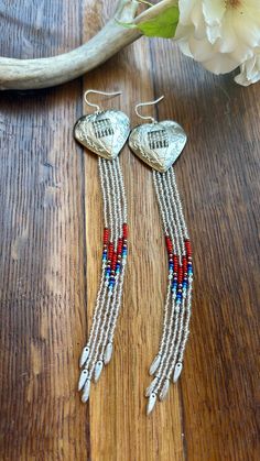 Heat concho earrings with French wire hooks!.  Hand beaded fringe earrings, with red white, blue and silver accents. earring are approximately 7" long from top of hook to longest fringe. Concho Earrings Diy, Southwestern Fringe Dangle Earrings, Concho Earrings, Beaded Fringe Earrings, Seed Bead Patterns, Earrings Diy, Bead Work Jewelry, Work Jewelry, French Wire