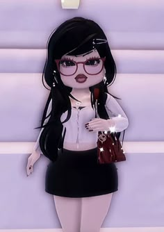 an animated girl with glasses holding a purse