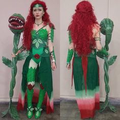 two pictures of a woman dressed as the little mermaid with long red hair and green dress