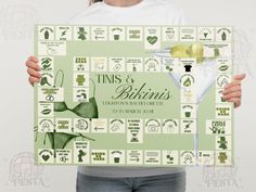 a woman holding up a poster with the names of things to drink in it and pictures on it