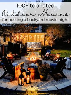 a backyard movie night with chairs and fire pit