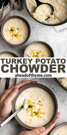 two bowls of turkey potato chowder with a spoon in one bowl and another bowl full of soup on the other