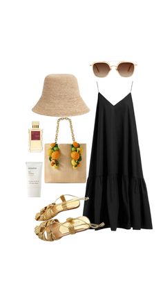 Trendy style 2024, beach outfit 2024, vacation outfit, outfit ideas 2024, summer style, black dress, golden Zara sandals 2024, beach bag, beach summer hat 2024 Style Black Dress, Outfit Ideas 2024, Zara Sandals, Zara Outfit, Summer Outfit Ideas, Transition Outfits, Vacation Outfit, Fit Board Workouts