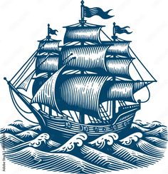 an old sailing ship in the ocean with waves and flags on it's sails