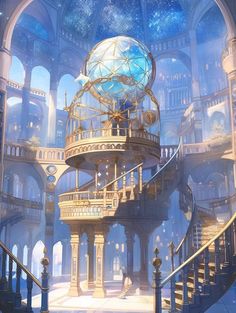 an artistic rendering of a staircase leading up to a giant globe in the center of a building