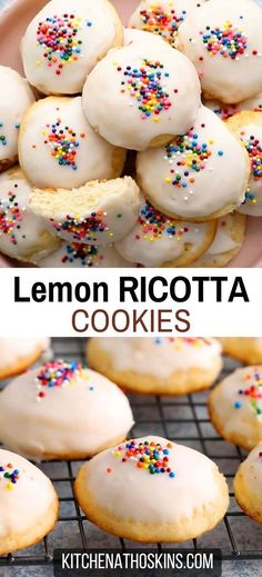 Learn how to make the best lemon ricotta cookies with lemon icing using ricotta cheese. This festive holiday cookie recipe is an ideal Italian Christmas cookie for cookie exchange. Get the easy ricotta cookies with lemon at kitchenathoskins.com. Lemon Cookies With Ricotta Cheese, Italian Lemon Ricotta Christmas Cookies, Lemon Holiday Cookies, Lemon Cookie Icing, Ricotta Lemon Cookies, Ricotta Cheese Cookies Recipes, Lemon Italian Cookies, Orange Cranberry Ricotta Cookies