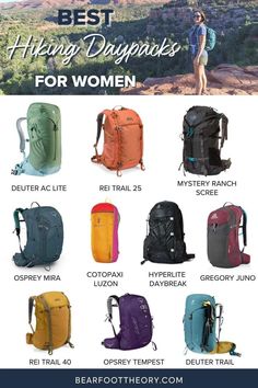 the best hiking daypacks for women in different colors and sizes, with text overlay