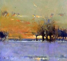 an oil painting of trees in the snow at sunset, with orange and blue colors