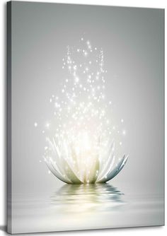 a white flower floating on top of water with sparkles in the sky above it