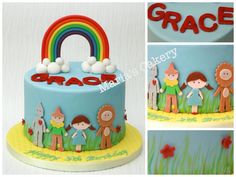 there is a cake decorated with people and a rainbow on the top, along with words grace