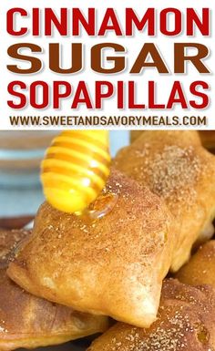 cinnamon sugar sopapillas stacked on top of each other with honey in the middle