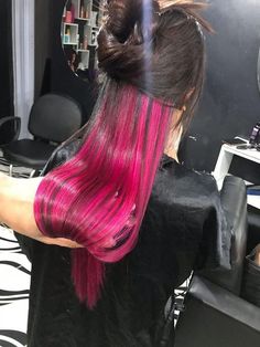 Brunette Hair With Pink Peekaboo, Peekaboo Hair Color Brunettes Pink, Black Hair With Pink Peekaboos, Bottom Layer Of Hair Dyed, Hot Pink Underneath Hair, Pink Under Hair, Black Hair With Pink Underneath, Hot Pink Peekaboo Hair, Pink Hair Underneath