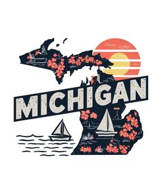 the michigan state with flowers and sailboats on it's map, which reads michigan