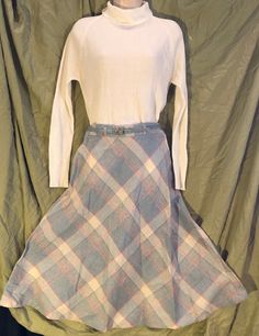 Late 1970s early 1980s Wool blend Plaid School Girl Skirt. With the original belt. Blue, pink and ivory plaid. 13 3/4" waist and 29" long. A line. Shirt not included. Excellent Condition 80s Skirt Outfit, 1960s Teenagers, Academia Skirt, 80s Skirts, A Line Shirt, 80s Clothes, 80s Skirt, Ideal Closet, Seventies Fashion