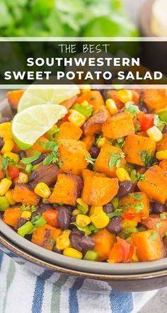 the best southwestern sweet potato salad in a bowl with lime and cilantro garnish