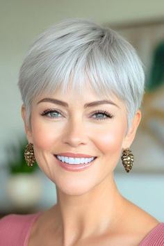 Save this pin for the best pixie hairstyles with bangs. This short silver pixie puts a modern spin on the classic bowl cut. The blunt lines create a striking shape, while the icy hue adds a touch of glam. Silver Hair Short Bob, Bowl Pixie Haircut, Pixie Gray Hair, Pixie Back View, Pixie Hairstyles With Bangs, Pixie Haircuts With Bangs, Pixie Haircut With Bangs, Silver Pixie, Short Hair Glasses