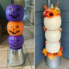 three pumpkins stacked on top of each other in front of a blue house with the caption, all but pumpkin buckets from dt or 99 cent only buckets from gowd