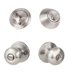 an assortment of knobs and handles on a white background