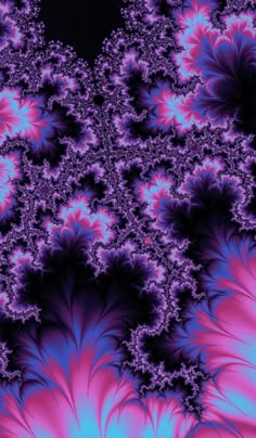 an abstract fracta background with blue and pink flowers in the center, on a black background