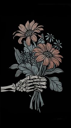 a drawing of a skeleton holding flowers in it's hand on a black background