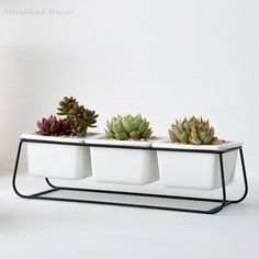 three white planters with succulents in them on a black metal stand