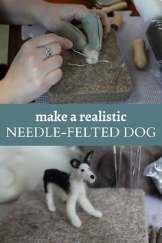 top image shows a pair of white hands using a felting needle to work some white wool onto a wire frame. Bottom image shows a completed miniature black and white needle felted dog. Middle teal text box with white text reads make a realistic needle felted dog. Needle Felted Dog Tutorial How To Make, Felted Dog Tutorial, Wool Felting, Miniature Dogs, Dog Keychain