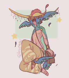 a drawing of a woman with wings on her head holding a suitcase and wearing a hat