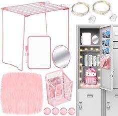 a pink and white room with items in it