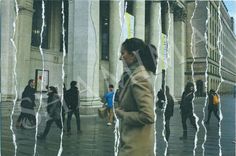 a woman standing in front of a building with people walking around it and torn up windows