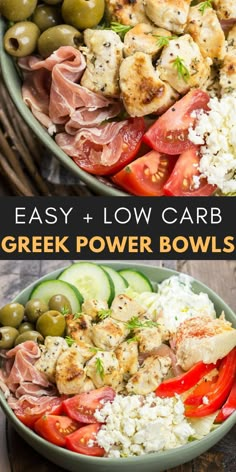 two plates filled with different types of food and the words easy low carb greek power bowls