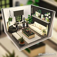 a living room filled with furniture and potted plants