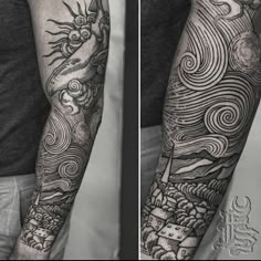 a man with a full sleeve tattoo on his arm and the other half is covered in clouds