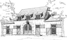 a drawing of a house with two garages and three doors on the front of it